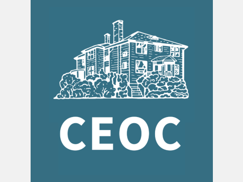 Teal background with a white line drawing of a house (CEOC's building on Inman Street), underneath is white lettering CEOC.
