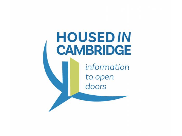 logo of the Housed In Cambridge campaign, a green door opening to a blue background