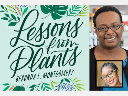 a light green book cover with the title, Lessons from Plants, in dark green cursive on the left; a picture of Dr. Beronda Montgomery with a smaller thumbnail of Brenda Tindal on the right