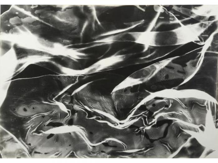 A black and white photogram with abstract patterns and shapes.