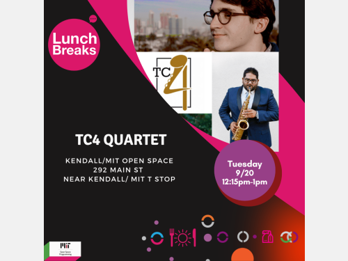 Enjoy classical music from saxophone quartet TC4, featuring Andrew Harrison, Isaac Lopez, MIT Music & Theater Arts’ Andy Wilds, and Robert Alexander.