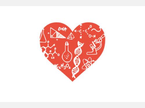 A red heart on a white background. In the heart are white designs, including DNA, molecular structures, and a beaker.