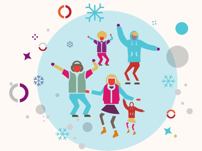 Colorful graphics of 5 people dancing wearing cold weather outfits and graphics of circles, stars and snowflakes around them.