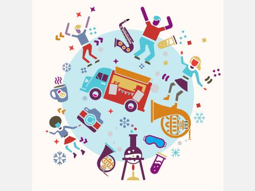Colorful graphics of people dancing around a food truck, a photo camera, a saxophone, a french horne, a cup of hot chocolate, and chemical glassware such a round bottomed flask.