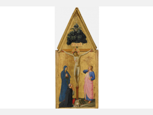 Tall yellow pentagonal panel painted with an image of a man on a cross surrounded by three figures.