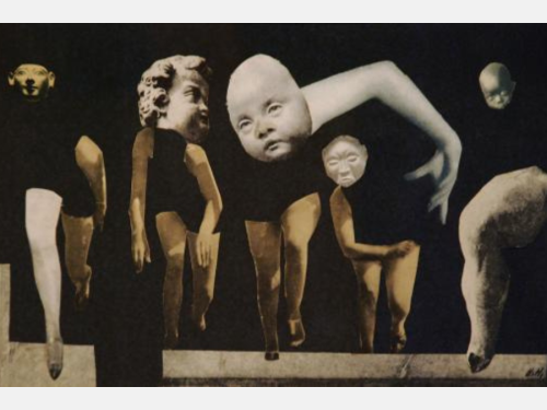 Cut-out photographic images of disembodied legs, arms, and heads line up as if in a race.