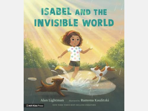 Book cover of 'Isabel and the Invisible World.' Little girl playing in a rain puddle with two dogs jumping happily around her.