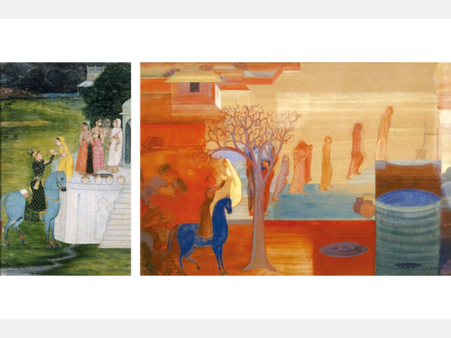 Two side-by-side paintings of women at a well engaging with a man on horseback.