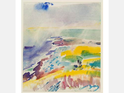 A watercolor seascape featuring strokes of color in shades of blue, green, yellow, red, pink, and gray, over a white background.