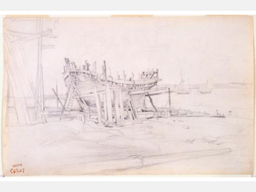 Sketch of a wooden boat raised on shore, with two boats nearby in the harbor. Signed at lower left.