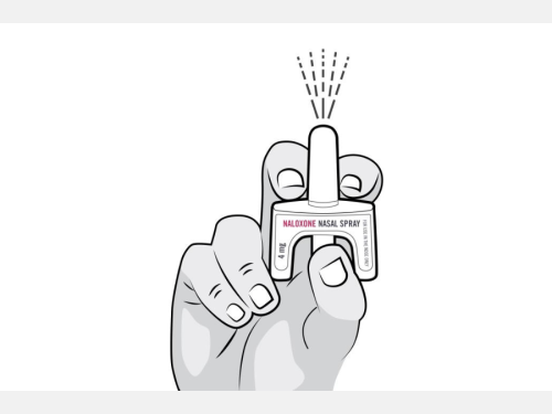 Black and white graphic of a hand holding a small bottle of Narcan nasal spray.