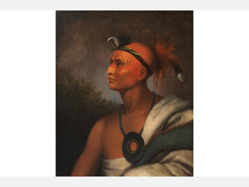 A painted portrait of an Indigenous person wearing a headdress.