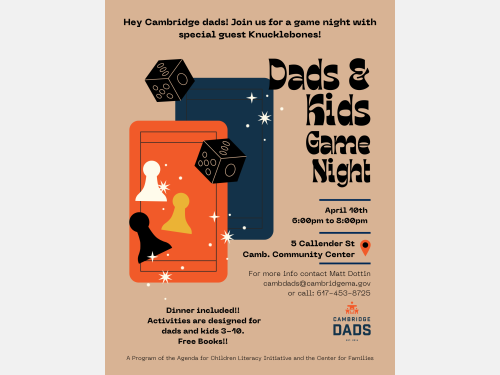 A flyer with dice, cards and game pieces for Dads and Kids Game Night, April 10th, 6 to 8 PM, 5 Callender Street.