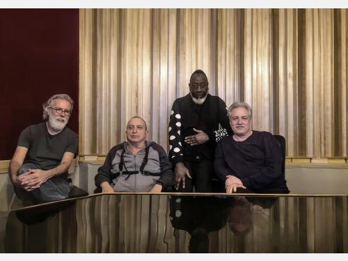 “Wire and Bone” CD back cover photo, courtesy of Jamaaladeen Tacuma: (l-r) Chris Bowman, George Garzone, Jamaaladeen Tacuma, Dave Bryant.