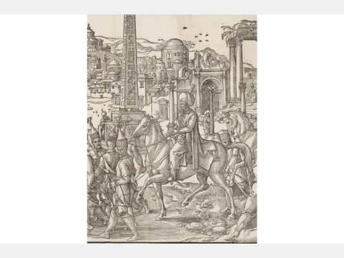 A procession of an Ottoman sultan on horseback, accompanied by soldiers on foot and on horseback.