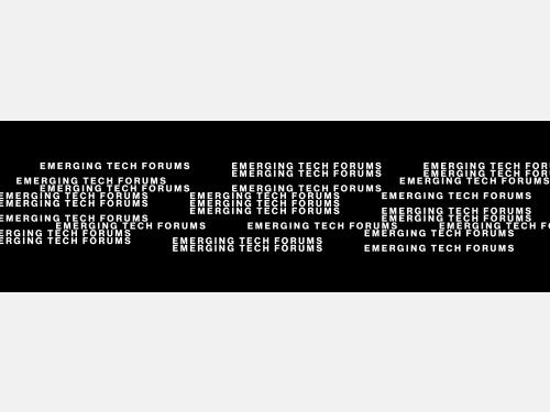 The image features the phrase "EMERGING TECH FORUMS" repeated multiple times in white, bold, sans-serif text against a solid black background. The text is arranged in a staggered pattern, varying in size and spacing, creating a visual rhythm across the image. The repetition of the phrase forms a dynamic layout, with the words appearing at different levels of prominence, filling the entire canvas and drawing attention to the theme of "Emerging Tech Forums."