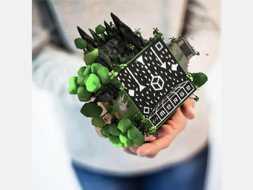 A computer generated image of a fantastical CGI cube in a person's hands.