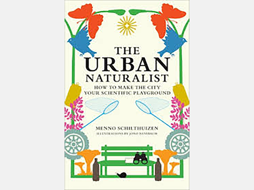 The cover of the book The Urban Naturalist: How to Make the City Your Scientific Playground by Menno Schilthuizen, illustrated by João Fazenda. The design features a collage of urban and natural elements, including red flowers, blue birds, green leaves, a yellow sun, bicycle wheels, pink plants, a green park bench, binoculars, mushrooms, a glass bottle, and two blue butterfly nets crossed over the title. The typography is bold and black against a cream-colored background.