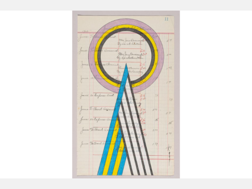 A drawing on lined paper with cursive handwriting shows a triangular shape in colorful stripes intersecting a striped circle at the top of the paper.