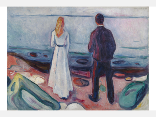 A painting of a man and a woman standing on a colorful rocky shore facing away from the viewer.