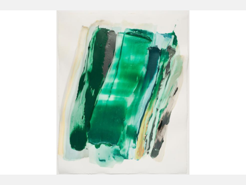 A painting made with bright green acrylic paint, which appears to have been pulled up and down the paper.