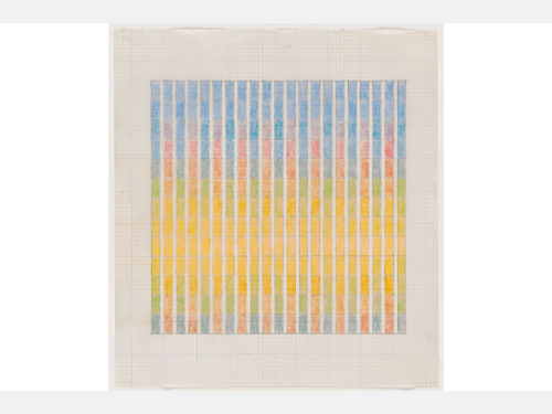 A drawing on graph paper of evenly formed adjoining rectangles of various colors form evenly spaced long columns of gradated color.