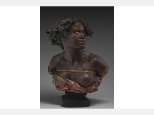 Painted plaster bust of a Black woman, with ropes around her chest; she is looking up and to her left.