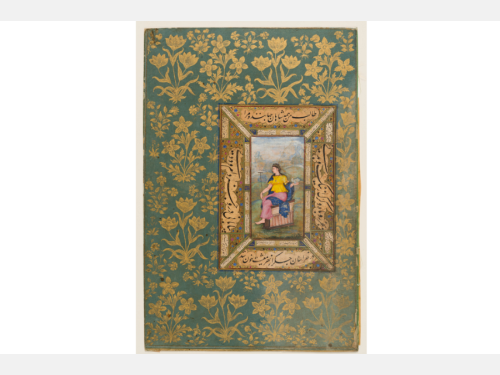 This album page features a painting of a seated woman, framed by Persian calligraphy and an outer floral border.