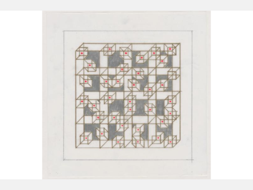 This geometric drawing features a large square within which are alternating smaller squares arranged in a grid pattern. Some of the squares have red dots. Other geometric shapes are shaded in gray.