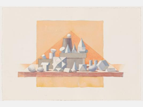 A geometric watercolor drawing features a central peach-colored square, with an orange triangle superimposed on it, and, on the base of the triangle, several smaller geometric shapes shaded in grayscale.