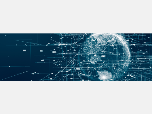 Digital visualization of Earth made up of glowing dots and data points, overlaid with lines, grids, and numerical values, symbolizing global networks and big data.