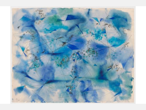 An abstract drawing features blue and white painted forms intersected by thin black geometric lines. The blue and white forms appear blended in various shades. 