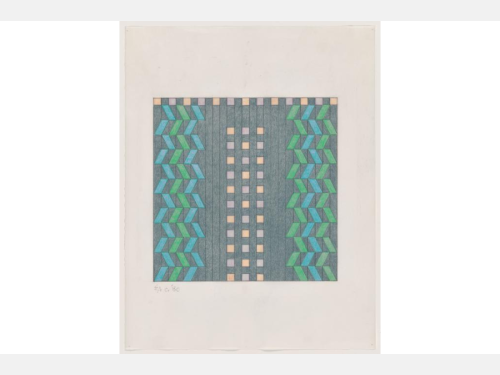 An abstracted drawing features a dark gray background with vertical lines against a dark gray background, with columns to the left and right comprising three stacked, slanted bars alternating in blue and green, and a column with a row of three squares alternating in peach and orange, and a single row on top of the work of peach and orange squares. 