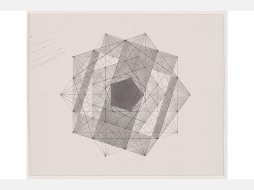 A geometric drawing featuring a central pentagon, a radiating triangular grid, and shaded hexagonal symmetry in grayscale.