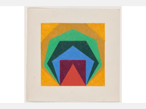 A geometric abstract artwork features layered, colorful polygons in red, blue, green, and yellow on white paper.