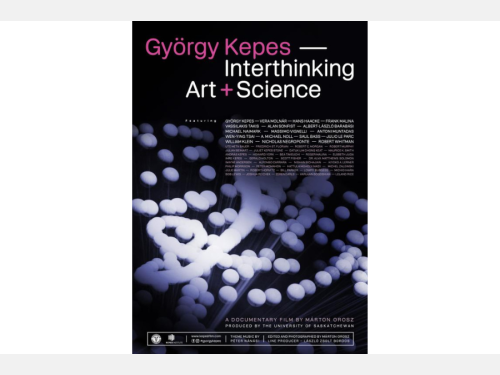 A movie poster for a film shows white dots against a dark background; the title reads: György Kepes: Interthinking Art + Science.