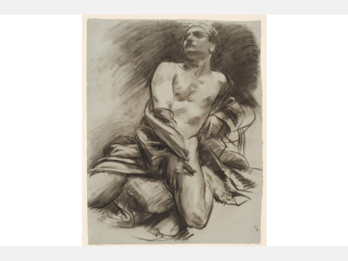 This sepia-toned drawing shows a man leaning back on his knees with dark smudges behind his head. Drapery is around his waist.