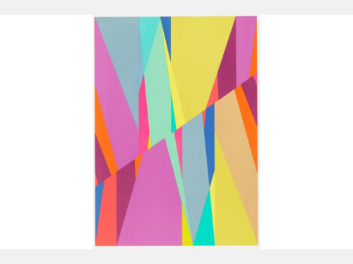 Abstract artwork of overlapping colorful geometric shapes in bright pink, yellow, blue, green, orange, and purple.