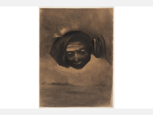 A drawing of a dark-colored head floating above a barren landscape; the face is gazing down, and a tendril is protruding from the head’s left side.