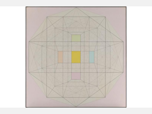 A geometric artwork features a grid of fine intersecting lines intersecting within a pastel-colored hexagonal shape; an arrangement of colored rectangles is in the center.