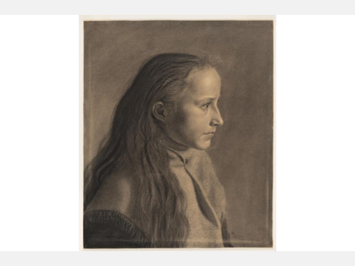 Drawing of the side profile of a girl with her hair over her shoulder and her head turned to the right.