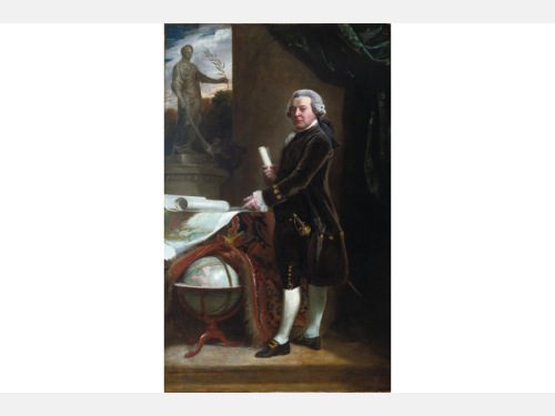 A portrait shows a light-skinned, wigged man handling documents atop a table covered in carpet; a large globe is visible underneath the carpet. Through the window a large classical statue is set against a cloudy sky.