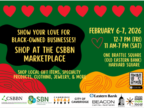 Flyer for the CSBBN Marketplace. Green background with red hearts. Text promotes shopping for Black-owned businesses on February 6-7, 2026. Includes times, location at One Brattle Square, and types of items available. Logos of sponsors at the bottom