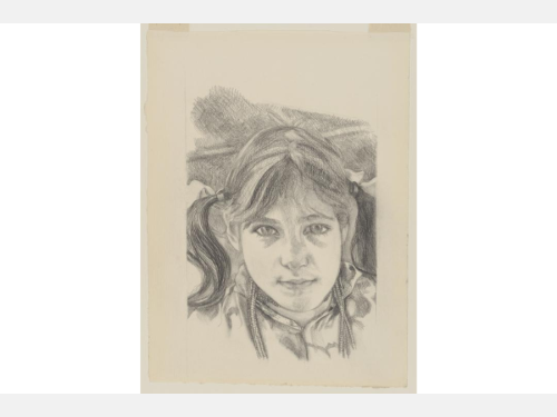 This drawing shows a girl with her hair in pigtails. She is looking directly at the viewer. 