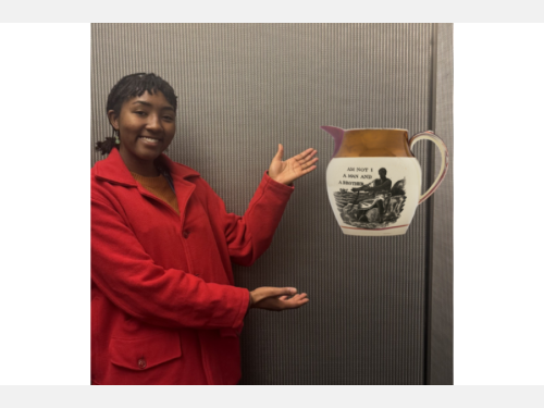In this photomontage, a smiling young woman gestures toward a jug that appears to float. Printed in black on the jug’s surface is a Black man gesturing toward his chained wrist and the words “AM NOT I A MAN AND A BROTHER.”   