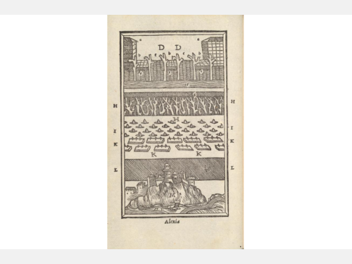 A yellowed page of a book shows a diagram of battle plans, with a fortification on top and a city on a hill at bottom. The word “Alexia” is written at the bottom of the page. 