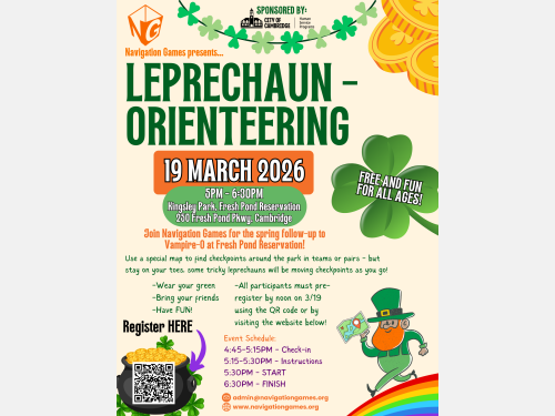 Flyer for Leprechaun-Orienteering 19th of March, 2026, 5PM to 6:30 PM, free and fun for all ages.