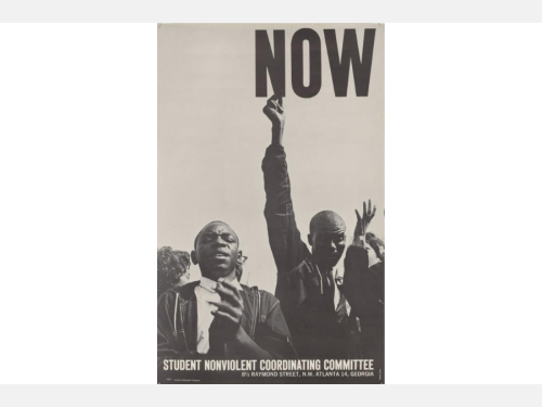 A black and white photo of two young Black men, one with a raised arm, and the word “NOW” at the top.