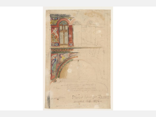 A partially colored working drawing on cream paper shows the wall structure of a church, with two registers of rounded arches and ornamentation. Handwritten notes in pencil are on the bottom.