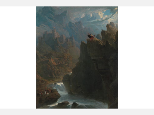 Dramatic landscape painting of a person standing on a cliff top holding a harp, as soldiers gather across a river below.